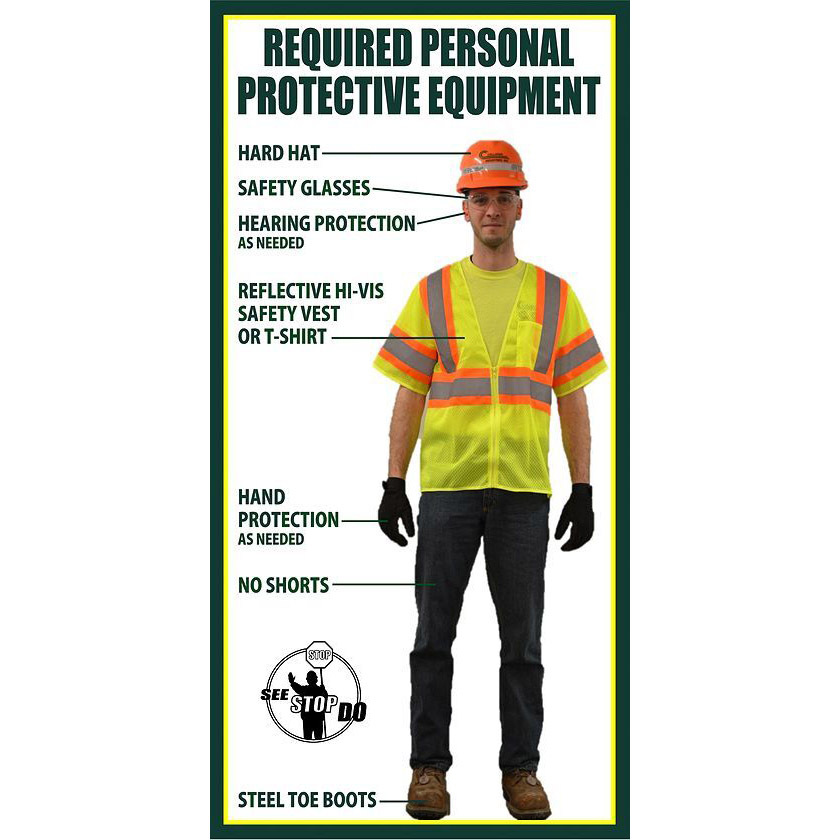 person wearing safety gear with labels